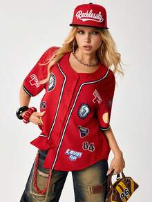 Tetris™ X SHEIN 女士字母印花短袖单排扣休闲宽松衬衫 - 紅色 - 查看 7