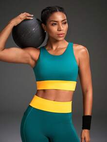 Powerista 女士拼接休闲多功能舒适运动文胸健身上衣运动服女士运动服装彩色运动文胸彩色运动套装 - 綠色 - 查看 3
