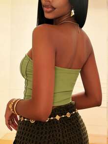 Zyxie 女士休闲纯色钥匙孔系带露脐吊带背心 - 綠色 - 查看 2