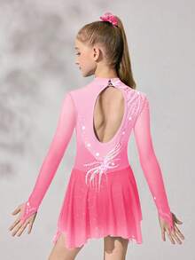 Tween Girls Figure Skating Dress, Pink Floral Design, High Stretch Fitted Silhouette With Sparkling Crystal Print, Smooth Flowing Mesh Skirt - Pink - View 2