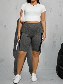 SHEIN Essnce Quần short nữ cỡ lớn thời trang xuân hè, chất liệu co giãn cao, thoải mái, cơ bản, đa năng, màu đen, kiểu quần biker có túi, quần nữ, trang phục đường phố, quần short ôm dáng, quần áo đi chơi, trang phục Y2K, quần jogger. - Xám - Xem 4