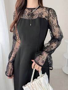 FRIFUL Women's Round Neck Chiffon Mesh Patchwork Bell Sleeve Contrast Color Sweet Casual Party Dress Sundress - Black - View 5