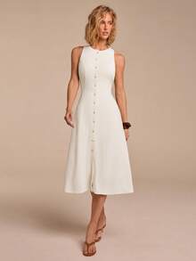 COSMINA Đầm midi chữ A không tay màu trắng bằng vải lanh, thích hợp cho đi làm, đi nghỉ mát, phong cách retro tối giản, thắt eo, có túi. - trắng - Xem 4