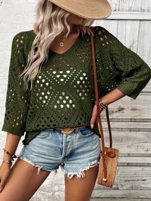 Breezaya Áo dệt kim tay lửng khoét lỗ dáng rộng thoải mái dành cho nữ - xanh quân đội - Xem 3