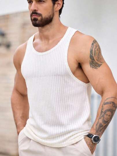 HIMLAND Men's Solid Color Round Neck Striped Casual Tank Top, Summer Men's Casual Textured Fabric Tank Top, Suitable For Daily Wear And Vacation Suitable For Summer Embossed Fabric Jacquard Fabric For Husband Boyfriend Gift Simple Fashion Commuting Short Sleeve T-Shirt Men's Solid Color Large Crew Neck Hollow-Out Jacquard Knit Tank Top