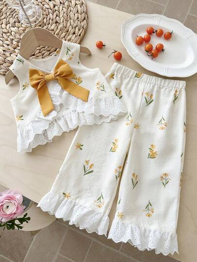 LMoss Kids 2件套女婴荷叶边碎花圆领无袖上衣和长裤可爱套装