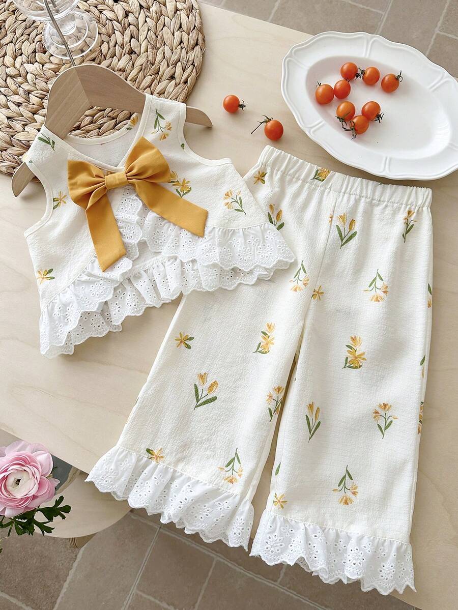 LMoss Kids Bộ đồ 2 món cho bé gái, gồm áo không tay cổ tròn và quần dài họa tiết hoa nhí xếp ly dễ thương. - Nhiều màu - Xem 1
