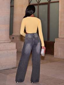 Mima John Women's Deep V-Neck Long Sleeve Cropped Fitted Sexy Sweater, Autumn/Winter - Yellow - View 2