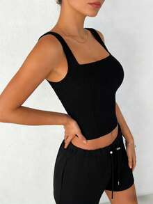DAZY Women Square Neck Cropped Casual Fitted Camisole Crop Tops Women - Black - View 4