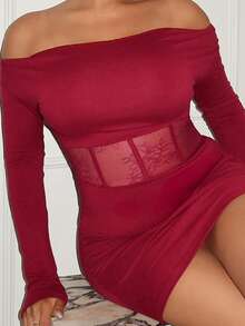 Maria Perezxox 女士蕾丝拼布抽绳束腰紧身迷你连衣裙，适合办公室/派对，酒红色，圣诞节 - 酒紅色 - 查看 6