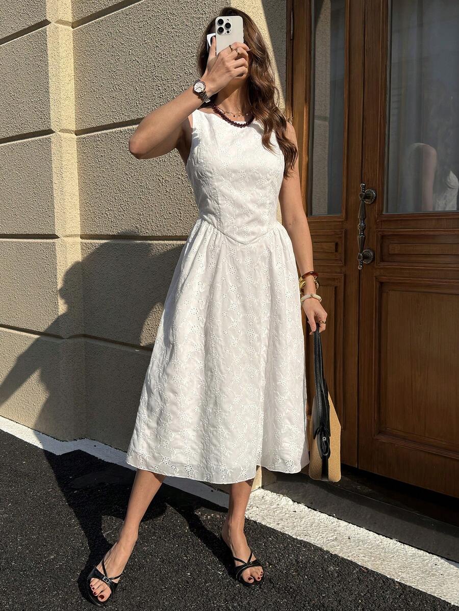 Solivie Women's Embroidered Mid-Length Dress, Elegant For Outings, Vacations, Parties, And Weddings, Spring/Summer - White - View 1