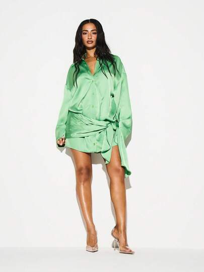 KIZN Satin Button Down Shirt Dress With Tie Belt Long Sleeve Collared Mini Dress Party Cocktail Evening Wear