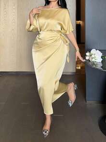 Dazy Plus Đầm maxi dự tiệc cỡ lớn, màu trơn, chất liệu taffeta, tay ngắn, trễ vai, ôm sát, thắt eo, thích hợp cho mùa xuân/hè. - Màu Mù tạt vàng - Xem 1