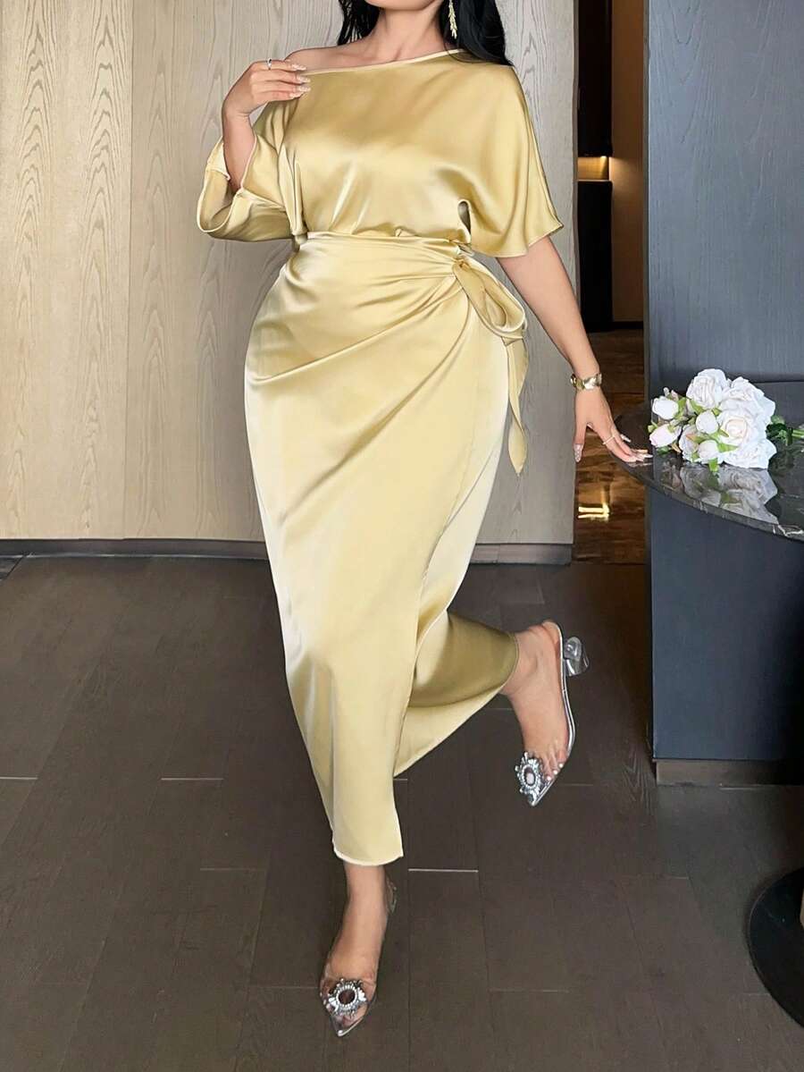 Dazy Plus Đầm maxi dự tiệc cỡ lớn, màu trơn, chất liệu taffeta, tay ngắn, trễ vai, ôm sát, thắt eo, thích hợp cho mùa xuân/hè. - Màu Mù tạt vàng - Xem 1