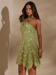 SHEIN Glamour 女士绿色纹理刺绣露背不对称下摆迷你连衣裙，绿色连衣裙，性感度假约会情人节派对短裙 - 綠色 - 查看 6