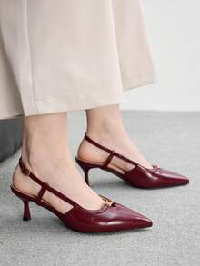 CUCCOO BIZCHIC Women's High-Heeled Shoes, Retro Burgundy Patent Leather High Heels, French Pointed Back Strap Gold Buckle Decorative Sandals, Spring And Summer Commuting Dating Elegant Shoes Spring Shoes - Burgundy - View 4