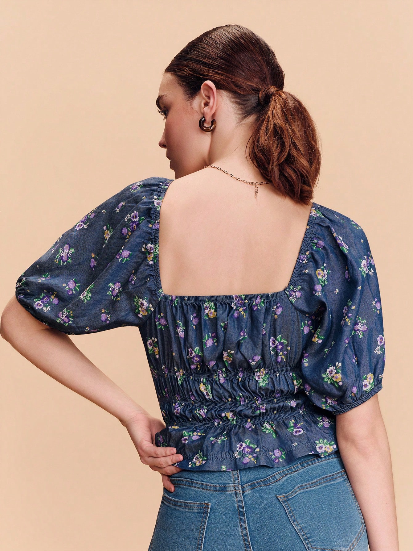 Vintage Dark Blue Denim-Look Floral Smocked Crop Top With Puff Sleeves And A Square Neckline Cute Style Spring Summer Vacation French Style Parisian Style