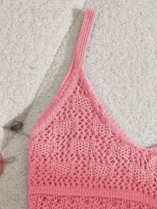 SHEIN Swim 女士纯色镂空吊带背心，度假装 - 粉色 - 查看 5