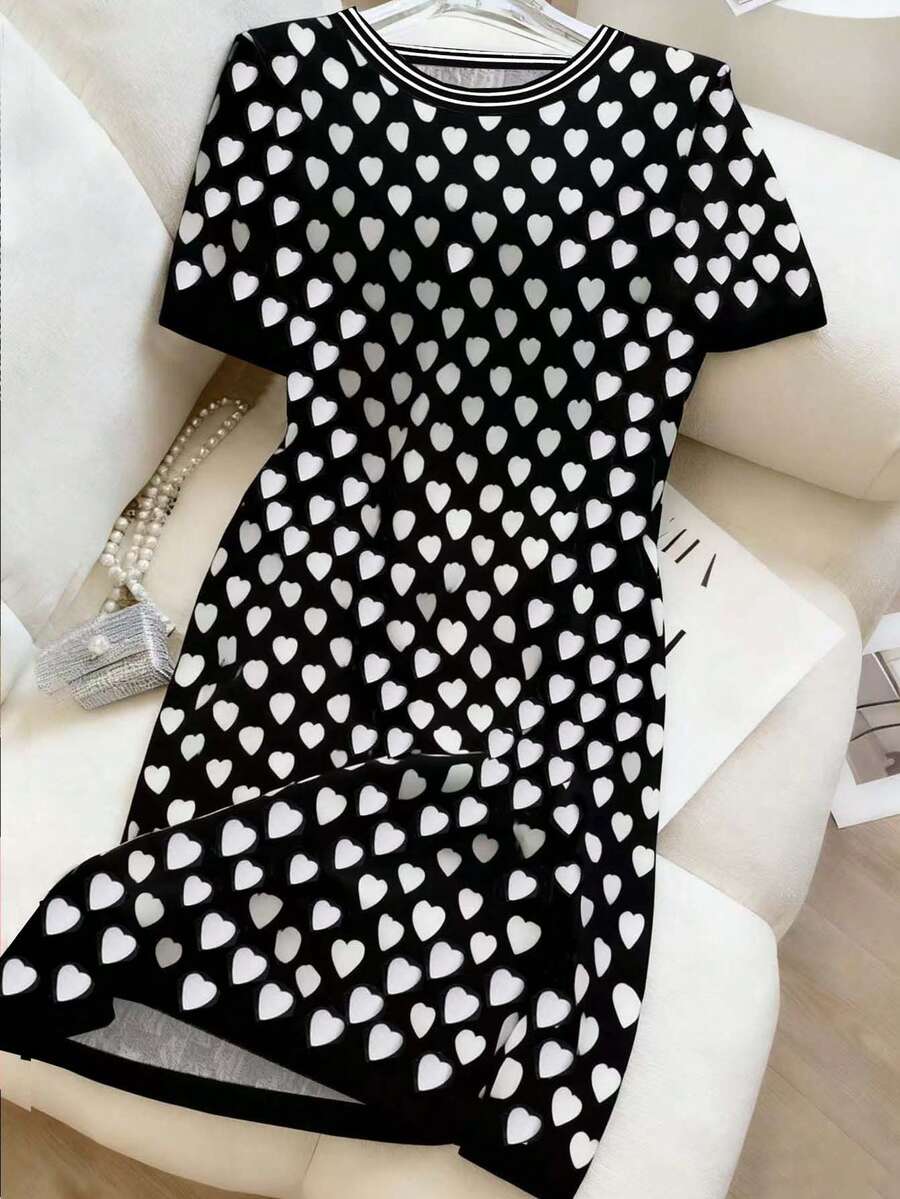 Franclia Đầm mini thường ngày cổ tròn tay ngắn in hình trái tim cho nữ - Nhiều màu - Xem 1