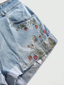 ROMWE Fairycore Quần short denim thêu hoa văn mùa hè dáng rộng, cỡ lớn. - Rửa nhẹ - Xem 4