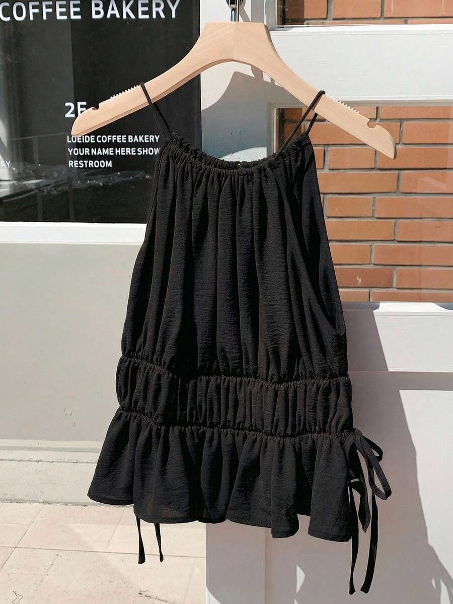 Comfortcana Camiseta sin espalda de color rojo sólido para mujer de talla grande, con lazo lateral, adecuada para usar en la calle y de vacaciones - Negro - Ver 1