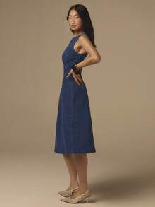 COSMINA Đầm denim không tay dành cho nữ, đầm denim cổ tròn có thắt lưng, đầm denim thanh lịch dành cho nữ, phù hợp cho đi làm, hẹn hò, mặc hàng ngày, trang phục mùa hè cho nữ, đầm denim màu xanh dương. - Màu xanh lam - Xem 6