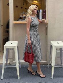 Dripcurv 大码女式夏季黑白格子休闲连衣裙，夏季连衣裙，度假装，沙滩裙，乡村风连衣裙，女式度假装。 - 黑與白 - 查看 4