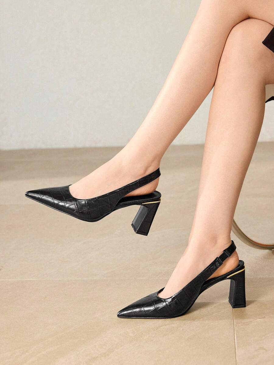 MOTF WOMEN'S EMBOSSED THICK HEEL CLOSED TOE SHOES - Black - View 1