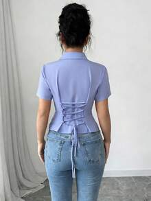 SHEIN Raffinéa Women's Shirt,Light Purple,Summer,Elegant,Dining Short Sleeve Button Up Retro Blouse With Large Collar,Back Lacing,Waist Cinching Fitted Office Tops - Blue - View 2
