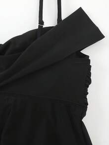 Swim Lushoire 新款黑色露肩泳装，海星装饰荷叶边裙两件套，女士泳衣，收腹塑形，女士度假套装，沙滩装，女士泳装，女士沙滩装，收腹连体泳衣，带罩衫，女士度假套装，女士泳装，女士沙滩装，保守上衣，女士背心式沙滩装 - 黑色 - 查看 6