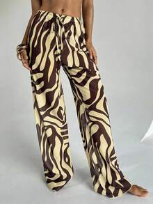 Aloruh 女士春夏新款斑马纹低腰阔腿罩衫裤，沙滩度假 - 黃色 - 查看 3