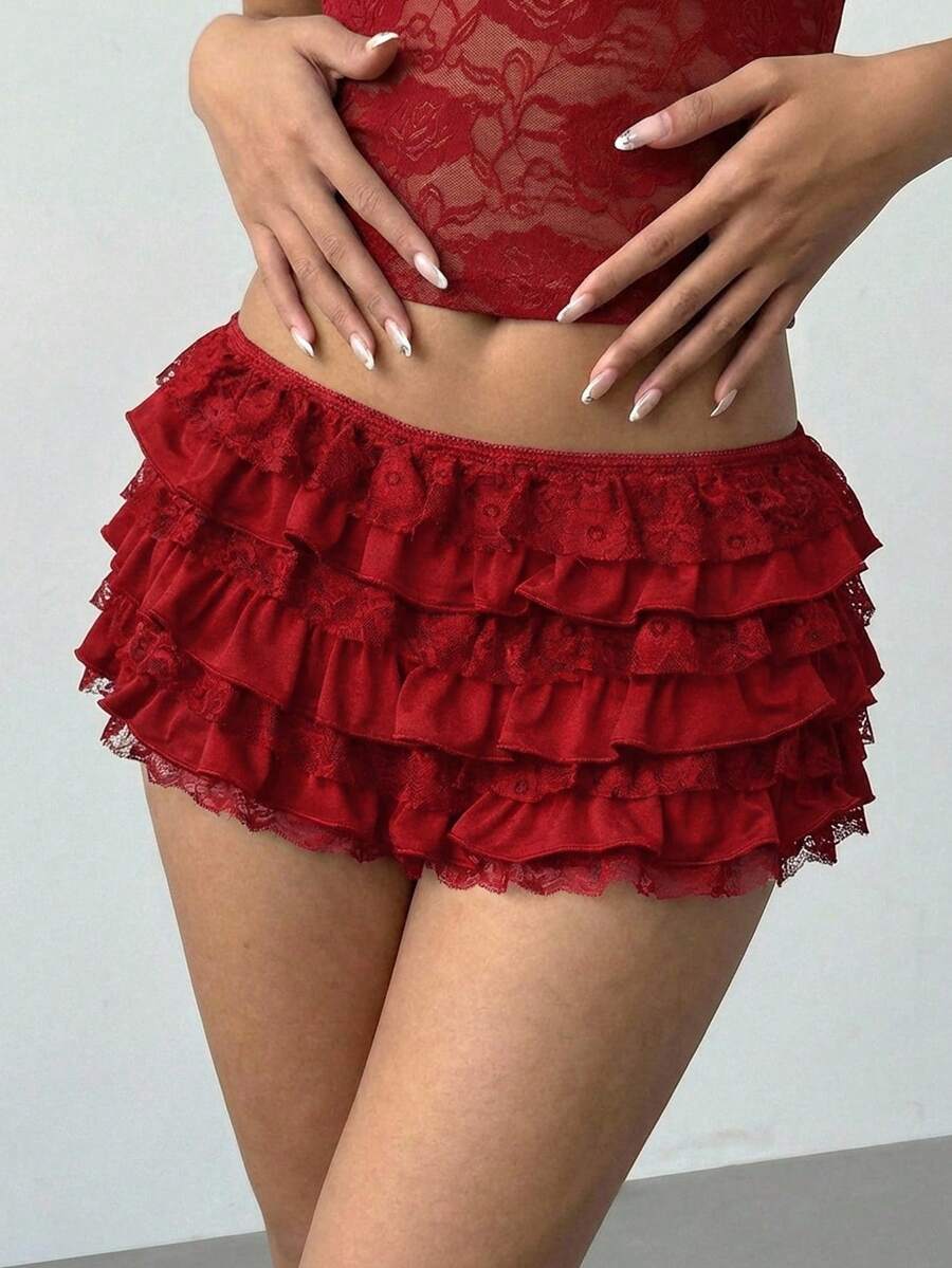 Aloruh Women's New Sexy Lace Solid Black Ruffle Hem Low Waist Shorts Hotpants - Red - View 1