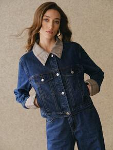 Anewsta 女士春夏时尚优雅拼接格子浪漫派对休闲度假蓝色长袖外套上衣牛仔裤 - 藍色 - 查看 7