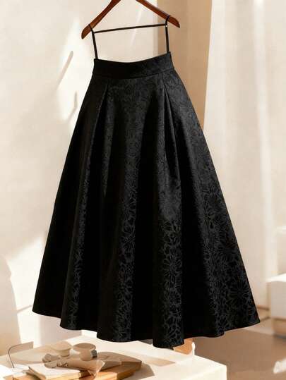 GlowEve CURVE Plus Size Women Floral Jacquard Minimalist A-Line Skirt, Elegant Casual Office Commute Holiday Outfit