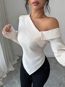 Elenzga 女士优雅纯色露肩性感不对称领长袖褶皱衬衫，适合春、夏、秋、冬、派对、户外旅行、通勤上班、日常穿着。 - 棕色 - 查看 6