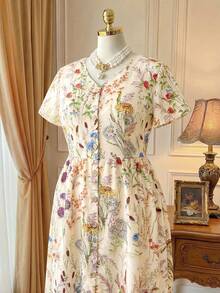 Rometta Court Retro Plus Size Casual Ink Flower Printed Front Button-Up Dress For Spring Summer Maxi Women Outfit - Multicolor - View 3