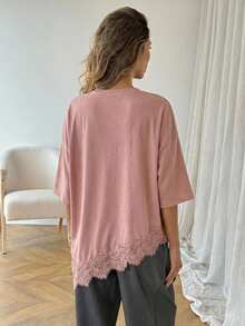 SHEIN LUNE Áo thun nữ dáng suông màu trơn, vạt áo bất đối xứng, phối ren, trang phục cơ bản hàng ngày cho mùa xuân và mùa hè. - Bụi hồng - Xem 2