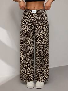 SHEIN PETITE Women's Woven Leopard Print Wide Leg Casual Pants - Multicolor - View 3