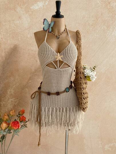  Soleia Women's Vacation Spaghetti Strap V-Neck Hollow Out Metal Starfish Knit Tassel Mini Dress, Sexy Beach Dress For Holiday, Date, Beach Vacation, Wedding, Party, Cruise, Boho Vacation, Music Festival, Hippie, Western