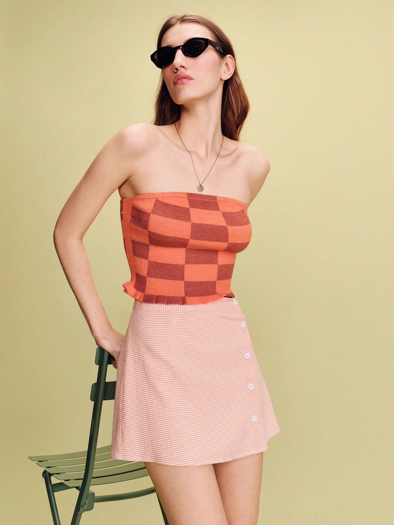 Orange Check Print Mini Wrap Skirt With Button Fasten Cute Vintage Spring Summer Parisian Style French Style Vacation Skirt Going Out Skirt Checkered Skirt