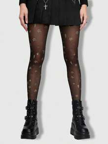 ROMWE Kawaii 1pc Women's Black Star And Floral Patterned Sexy Tights/Pantyhose/Leggings - Multicolor - View 4