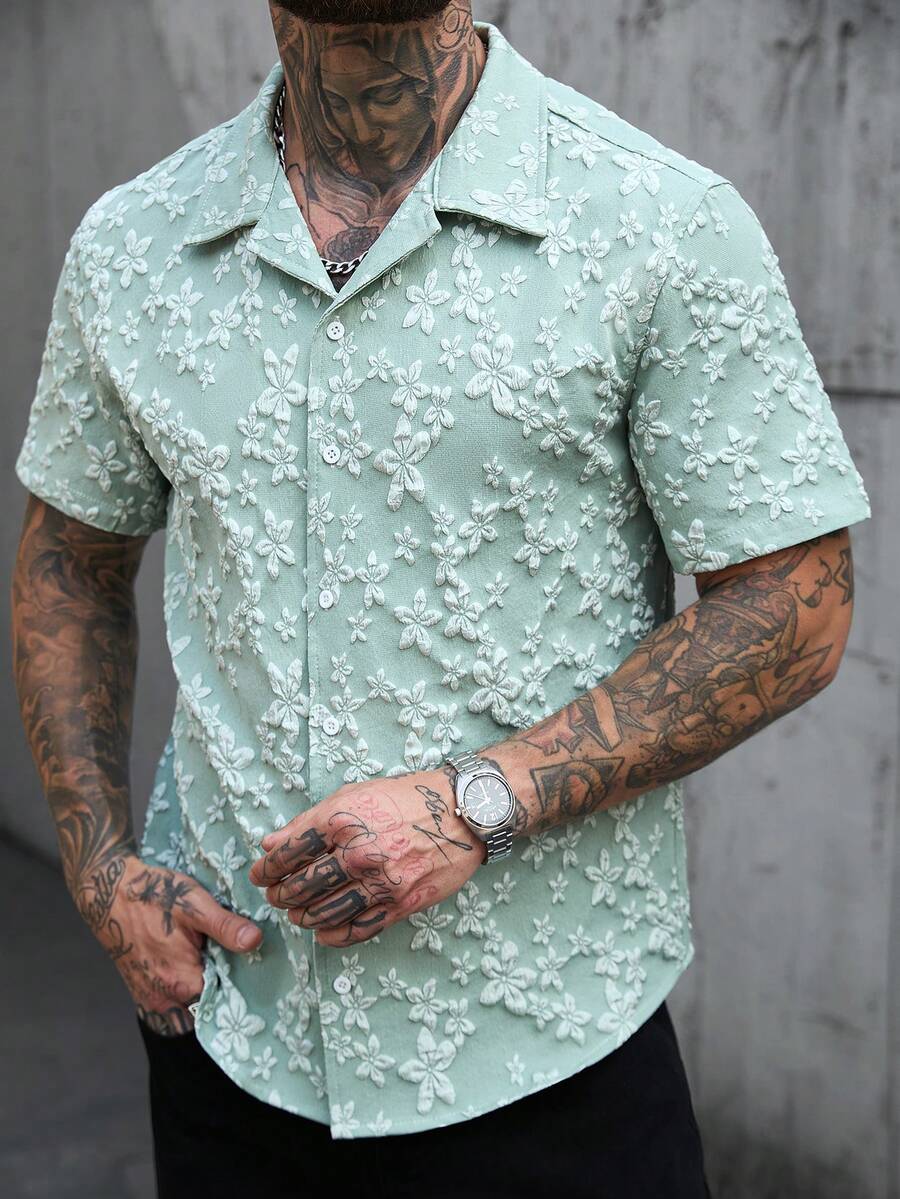 Manfinity Homme Áo sơ mi ngắn tay mùa hè kiểu dáng thường ngày, màu trơn, cài cúc phía trước, họa tiết dập nổi. - màu xanh lá - Xem 1