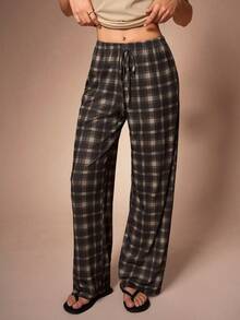 SHEIN French Lace Ribbed Camisole & Classic Plaid Wide Leg Pants Women Pajama Set - Multicolor - View 7