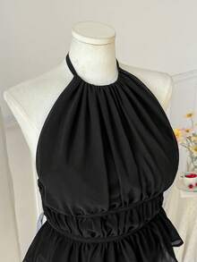 Comfortcana 加大码黑色褶皱抽绳露背休闲度假吊带上衣，春夏款 - 黑色 - 查看 6