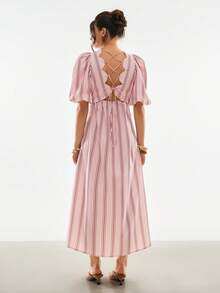 Poéselle 女款粉色條紋花瓣袖露背綁帶優雅浪漫洋裝，適合夏季度假、鄉村風休閒穿搭、週末穿著 - 粉色 - 查看 8