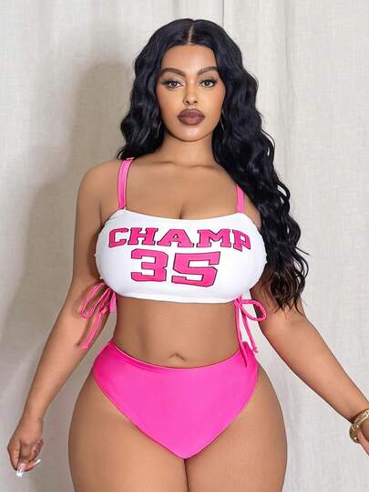 Slaydiva Plus Size European And American Sexy Swimwear Set, Letter Print Tie-Up Bikini, Spa Swimwear