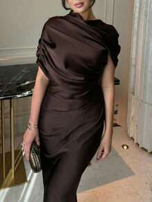 Firerie 女士优雅简约精致浪漫端庄节日舞会派对情人节约会婚礼宾客度假通勤时尚新款塔夫绸褶裥二合一棕色连衣裙 - 棕色 - 查看 10