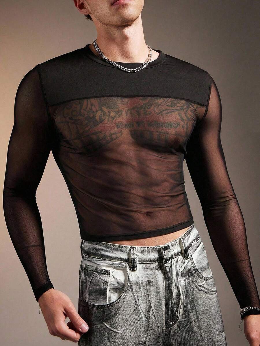 FeverCity Men's Sexy Mesh Patchwork Long Sleeve T-Shirt - Black - View 1