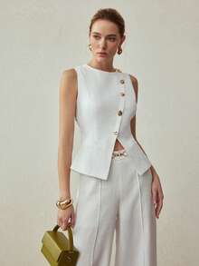 MOTF PREMIUM 100% LINEN METAL BUCKLE DECOR VEST TOP, VINTAGE STYLE, SPRING/SUMMER - White - View 5