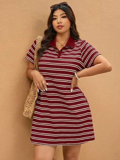 Elaquor Plus Size Women Striped Polo Collar Short Sleeve Casual Dress, Summer Dresses